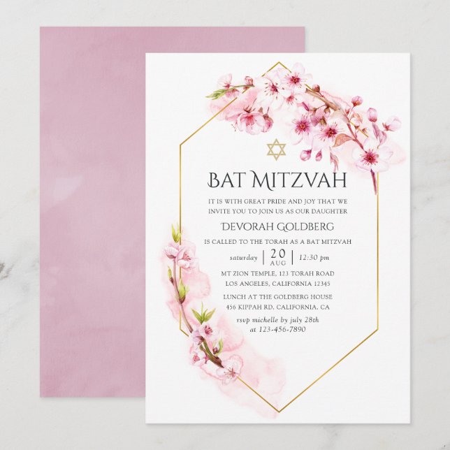 Geometrisk Rosa Cherry Blommar Bat mitzvah Inbjudningar (Fram/baksida)
