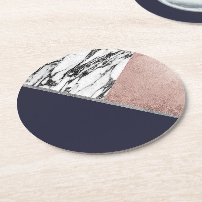Geometrisk rosa guld- marinblå triangel för marmor underlägg papper rund (Vinklad)