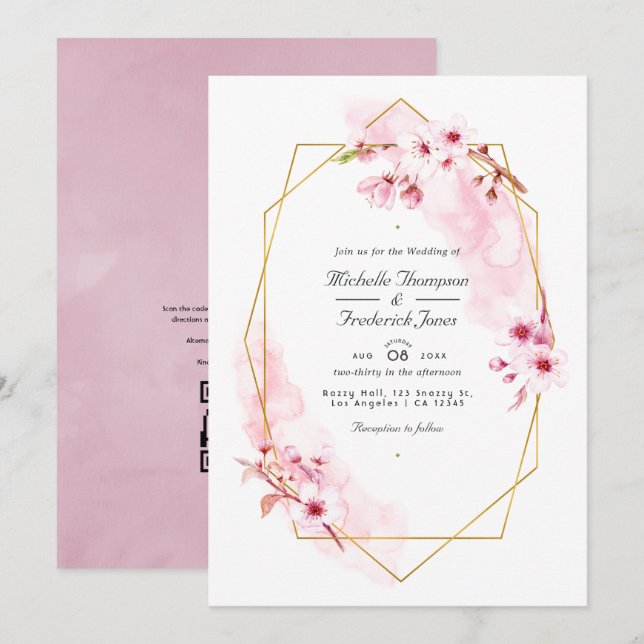Geometrisk Rosa Körsbärsblom QR-kod RSVP Bröllop Inbjudningar (Fram/baksida)