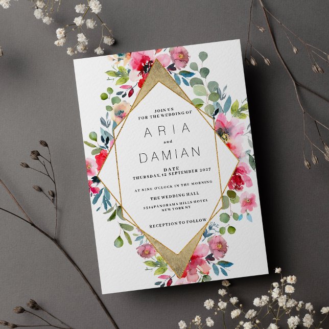 Geometrisk rosa mint red guld blommigt Bröllop Inbjudningar (Geometric pink mint red gold floral Wedding )