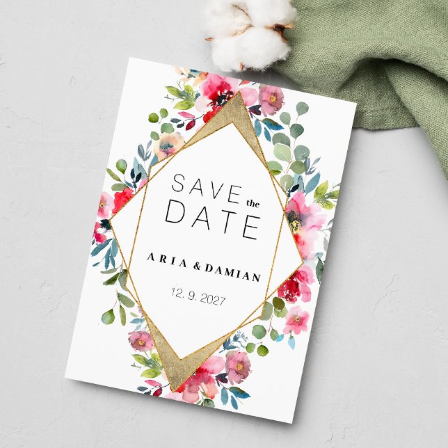 Geometrisk rosa mint red guld blommigt Spara datum Inbjudningar (Geometric pink mint red gold floral Save the Date)