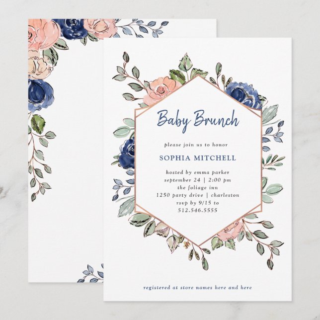 Geometrisk Rosa och blå Blommigt| Brunch Baby Inbjudningar (Fram/baksida)