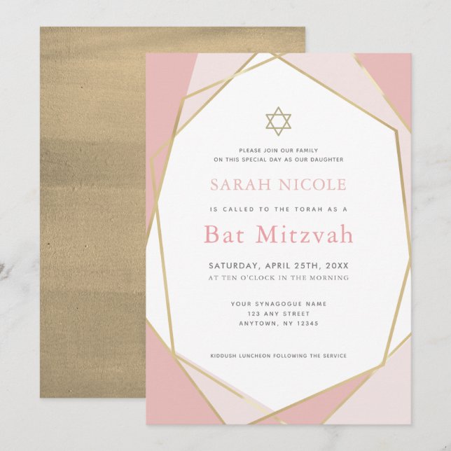 Geometrisk Rosa och Guld Bat mitzvah Inbjudningar (Fram/baksida)