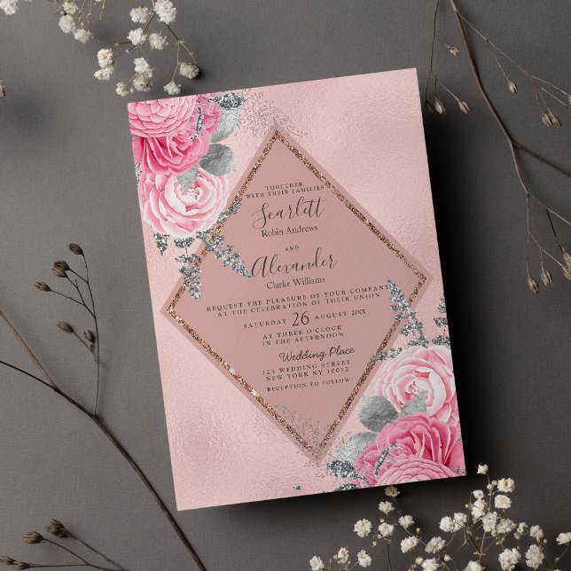 Geometrisk rosa silver ro guld blommigt bröllop inbjudningar (Geometric pink silver rose gold floral wedding )