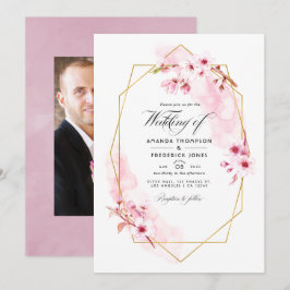 Geometrisk rosa vår körsbärsblom Wedding Foto Inbjudningar