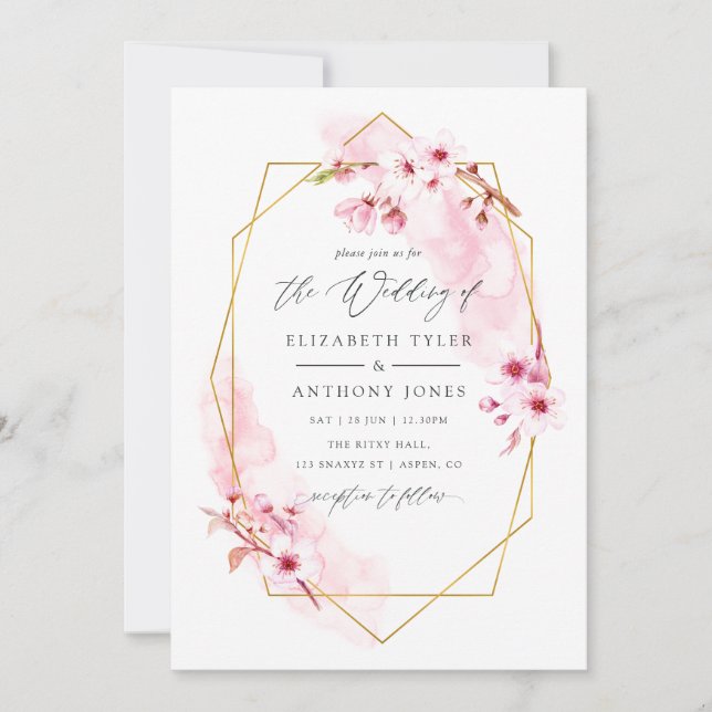 Geometrisk Rosa Vår Körsbärsblom Wedding Inbjudningar (Framsida)
