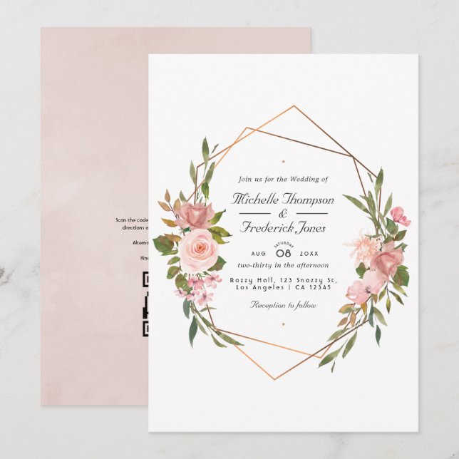Geometrisk Rose Gold och Rosafärgad Bröllopsfoto I Inbjudningar (Fram/baksida)