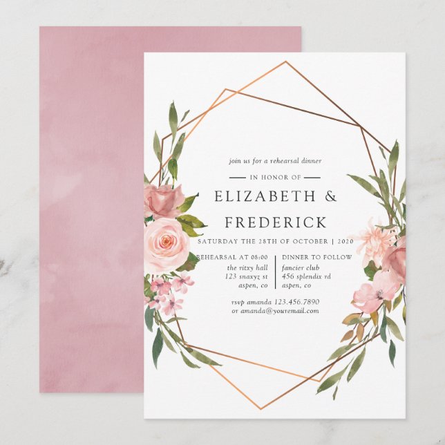 Geometrisk rosé och roséguld provningsmiddag inbjudningar (Fram/baksida)