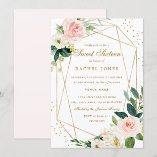 Geometrisk Rouge Guld Blommig Sweet Sixteen Inbjud Inbjudningar