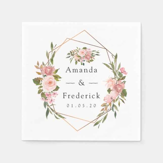 Geometrisk Rouge och Rose Gold Blommig Bröllop Pappersservett (Framsidan)