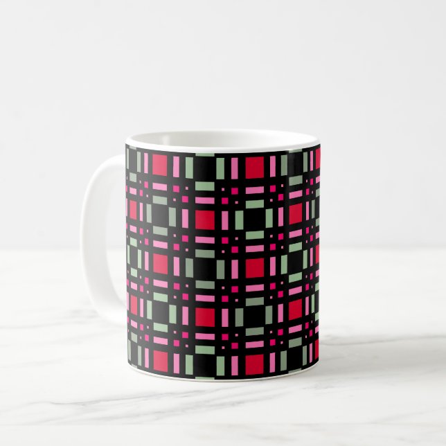 Geometrisk rutig grön röd svart ränder  kaffemugg (Framsida vänster)