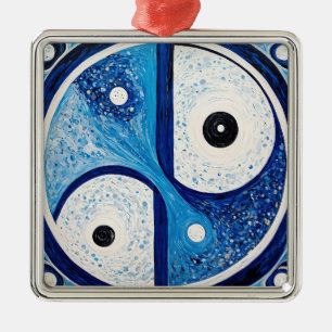 Geometrisk serenity: Blue & White Yin Yang Julgransprydnad Metall