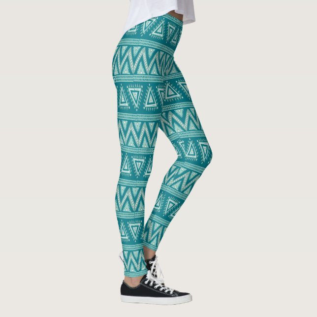 Geometrisk stam Mönster i Mint och Blue-Grönt Leggings (Höger)