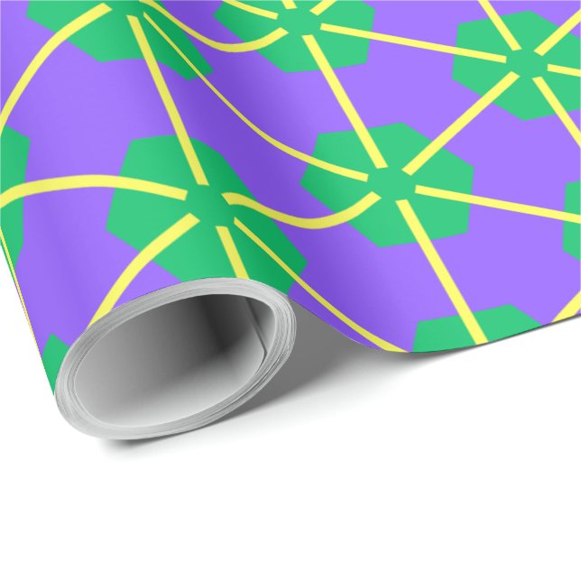 Geometrisk stjärnexplosion i lila, grönt och gult presentpapper (Rullad Hörn)