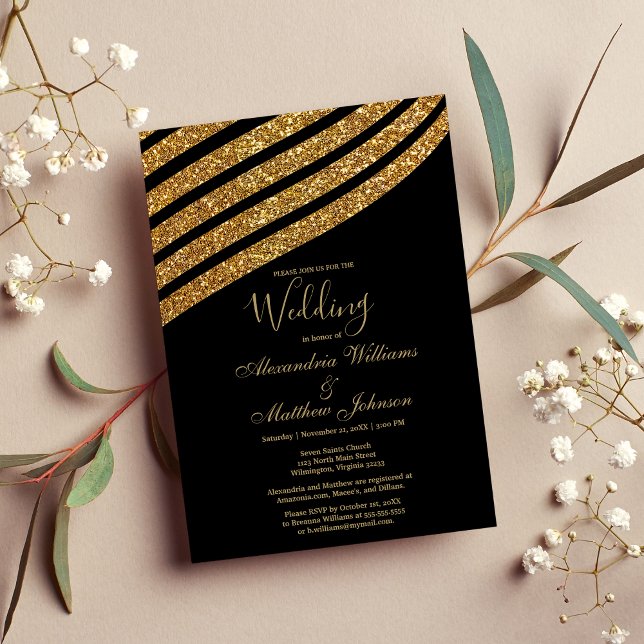 Geometrisk svart guld glitter abstrakt Bröllop Inbjudningar (Geometrical black gold glitter abstract Wedding)