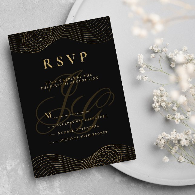 Geometrisk svart guld monogram initialer OSA Inbjudningar (Geometric black gold monogram initials RSVP)