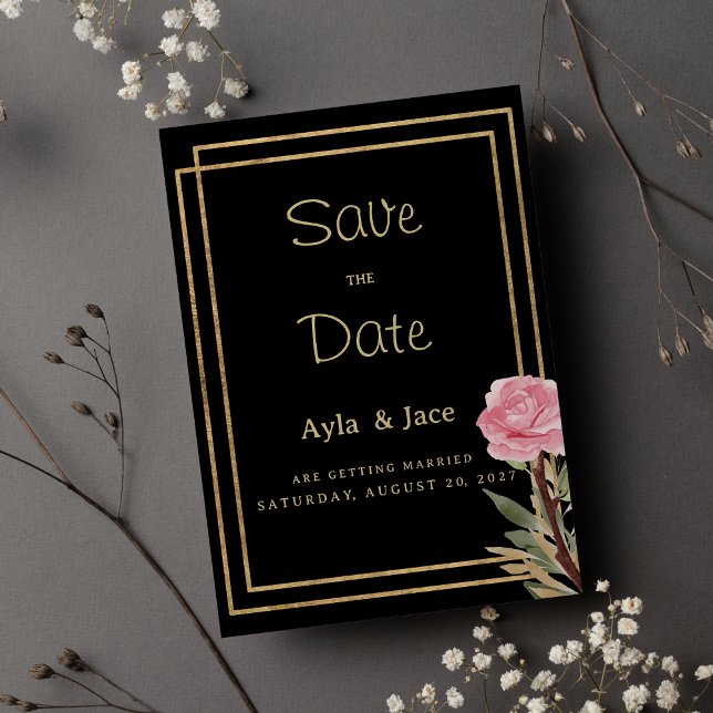Geometrisk svart guld rosa blomma Spara datum Inbjudningar (Geometric black gold pink flower Save the Date)