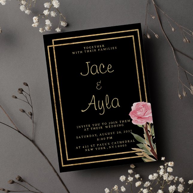 Geometrisk svart guld rosa myntblomma Bröllop Inbjudningar (Geometric black gold pink mint flower Wedding )