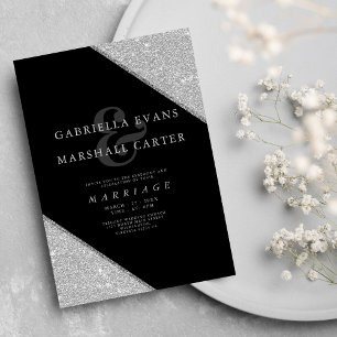 Geometrisk svart silver ampersand glitter bröllop inbjudningar