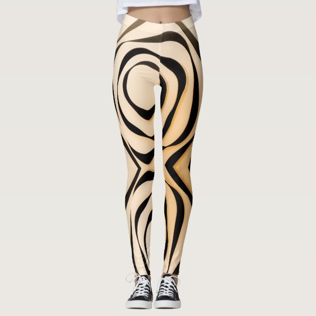 Geometrisk svart spiral på rödaktig bakgrund färg leggings (Framsida)
