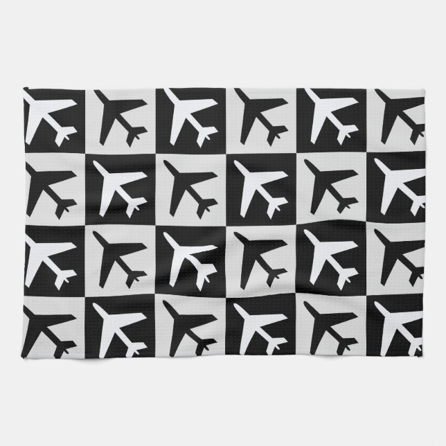 Geometrisk svart-vit flygplansdesign kökshandduk (Horisontell)