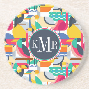 Geometrisk tropisk Monogram för fåglar Underlägg Sandsten