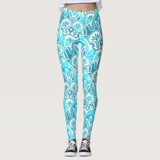 Geometrisk turkos och teal Leggings (Framsida)