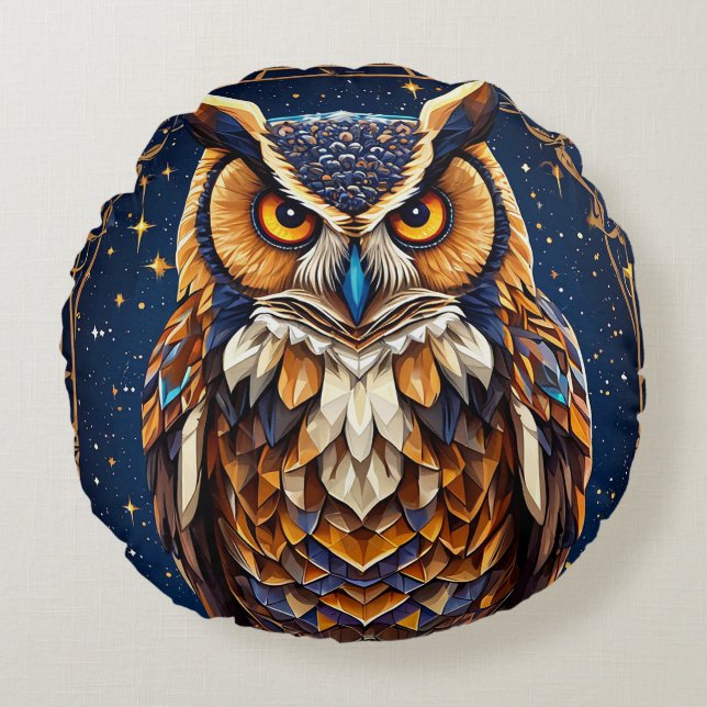 Geometrisk uggla med livfulla färger rund kudde (Framsidan)