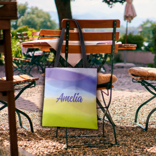 Geometrisk våglime gult lavender med namn tygkasse
