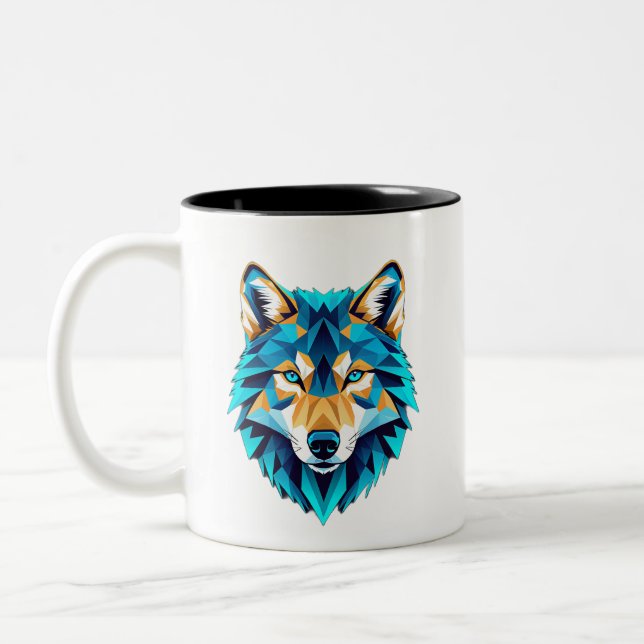 Geometrisk varghuvud – Neonblå Low Poly-djurskonst Två-Tonad Mugg (Vänster)