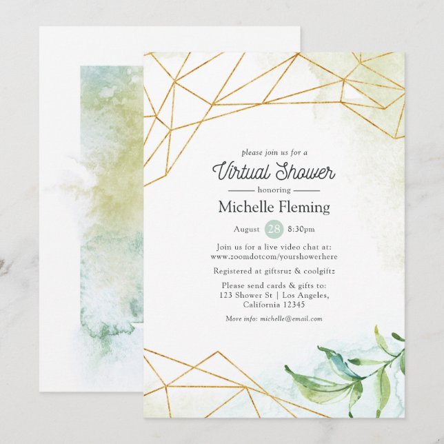 Geometrisk vattenfärg Virtuell Baby eller Möhippa Inbjudningar (Fram/baksida)