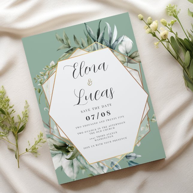 Geometrisk vattenfärgsmint guld foliage bröllop inbjudningar (Geometric watercolor mint gold foliage wedding)