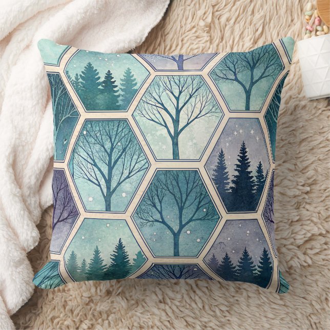 Geometrisk vinter skog – Träd i hexagon Kudde (Filt)