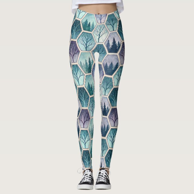 Geometrisk vinter skog – Träd i hexagon Leggings (Framsida)
