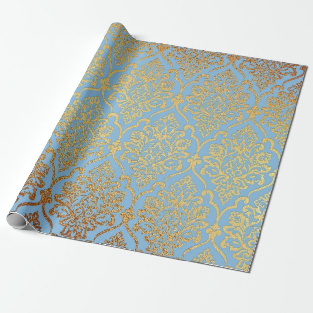 Geometrisk vip för Royalet Golden Damask Blå himme Presentpapper (Utrullad)