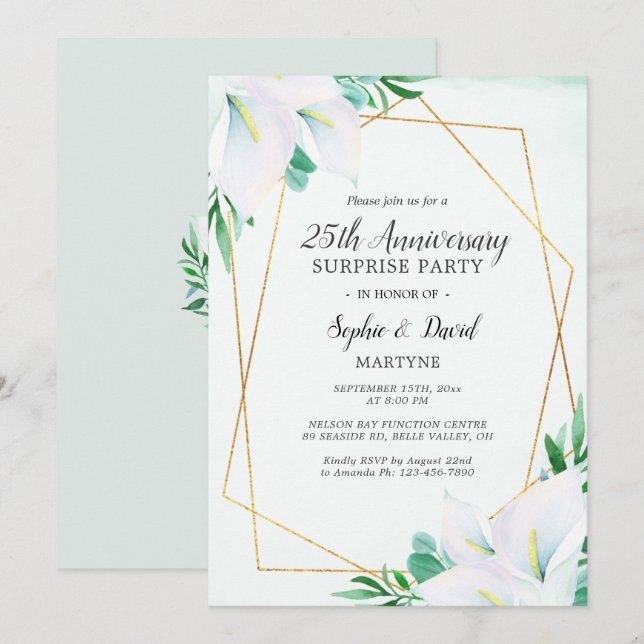 Geometrisk vit Calla Lily 25-årsjubileum Inbjudningar (Fram/baksida)