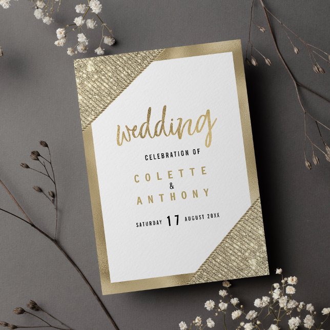 Geometrisk vit guld glitter glamourös bröllopsprog program (Geometric white gold glitter glam Wedding Program)