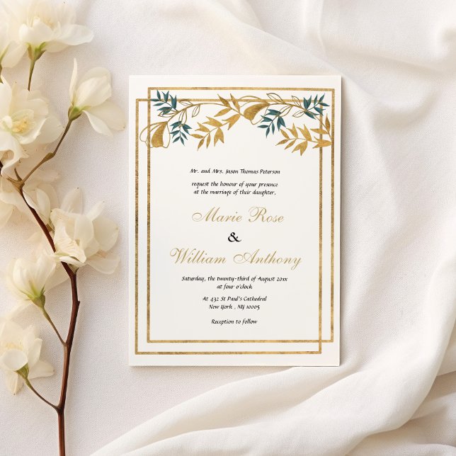 Geometrisk vit guld gråaktig cyan foliage Bröllop Inbjudningar (Geometric white gold grayish cyan foliage Wedding )