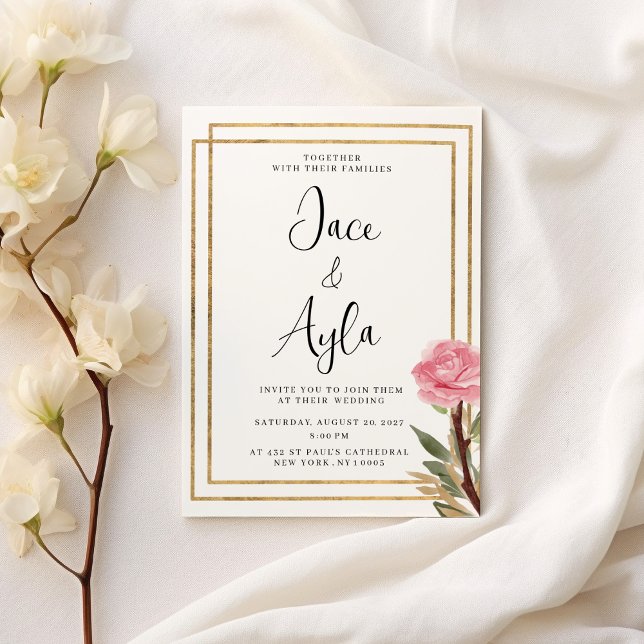 Geometrisk vit guld rosa myntblomma Bröllop Inbjudningar (Geometric white gold pink mint flower Wedding )