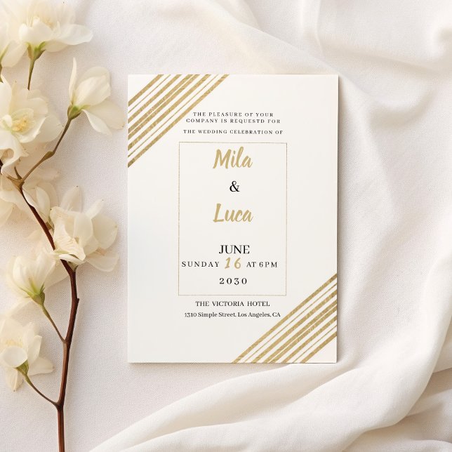 Geometrisk vit och guld typografi Bröllop Inbjudningar (Geometric white and gold typography Wedding )