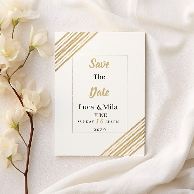 Geometrisk vit och guld typografi Spara datum Inbjudningar (Geometric white and gold typography Save the Date)