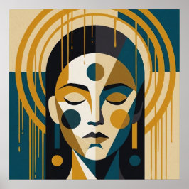 Geometrisk Zen-porträtt i teal och ockra Poster