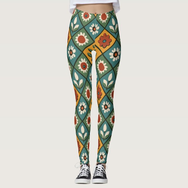 Geometriska bindningar för retro-Blommigt Leggings (Framsida)