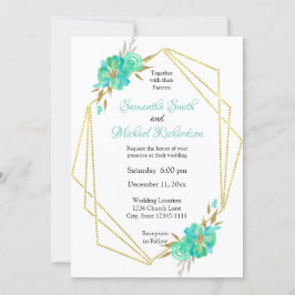 Geometriska Blommigtar för Teal Guld Watercolor Inbjudningar