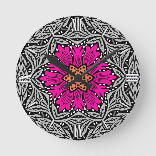 Geometriska blommor - Fuchsia rosa och grå   Rund Klocka (Framsida)