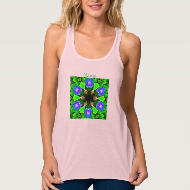 Geometriska blommor med grönt/lila linne med racerback  (Framsida)