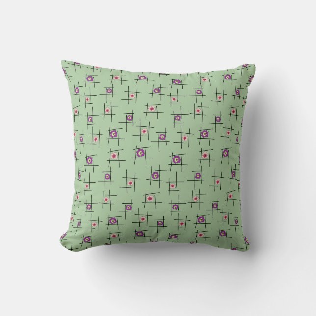 Geometriska blommor och pinnar på grön bakgrund kudde (Framsida)