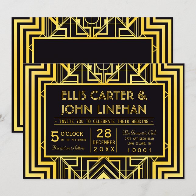 Geometriska bröllopsinbjudningar i Black & Guld Inbjudningar (Fram/baksida)