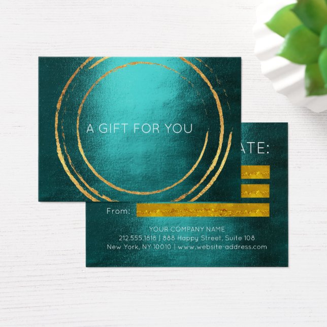 Geometriska cirklar för Gift Certificate Teal Guld Visitkort (Skivbord)