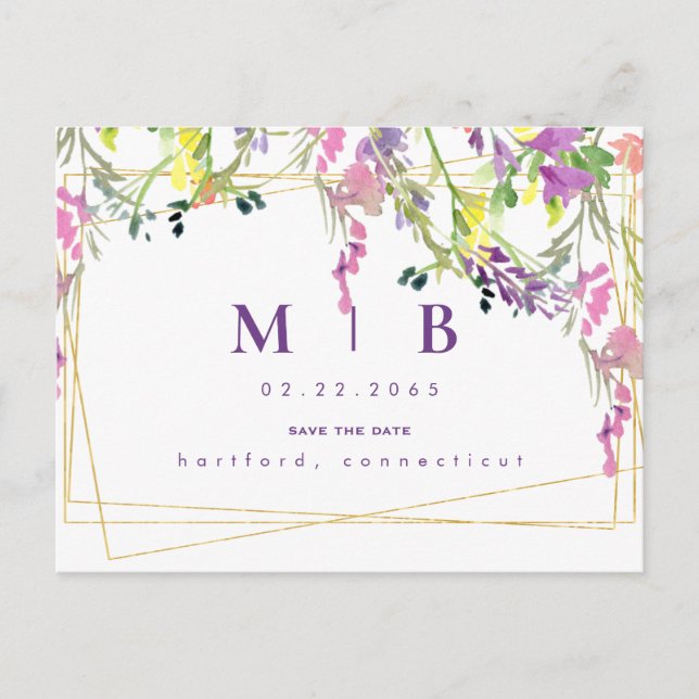 Geometriska färgade vildblommor monogram Spara dat Meddelande Vykort (Framsida)